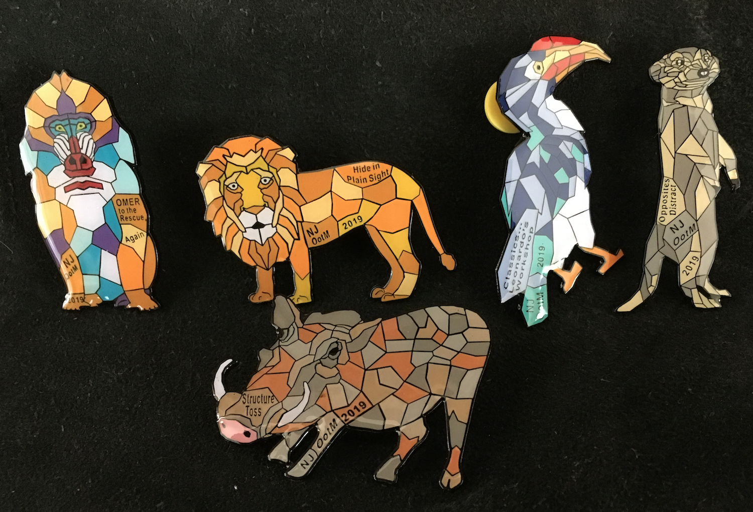 NJ Odyssey 5 pin mosaic safari set with baboon, warthog, toucan, meerkat, and lion.