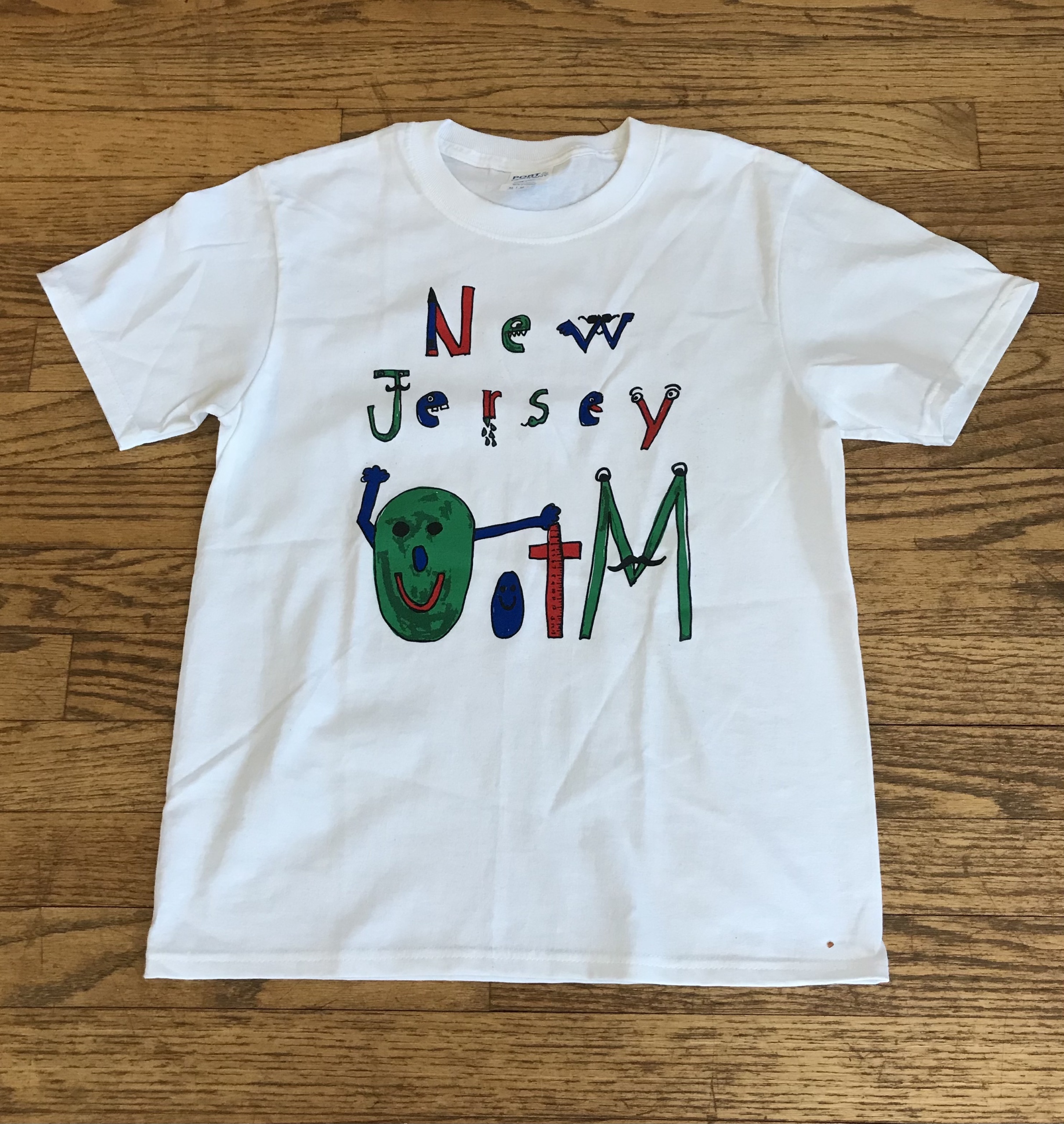 white short sleeved t-shirt with NJ Odyssey of the Mind design