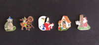 A set of 5 pins representing fairy tales for each problem.
