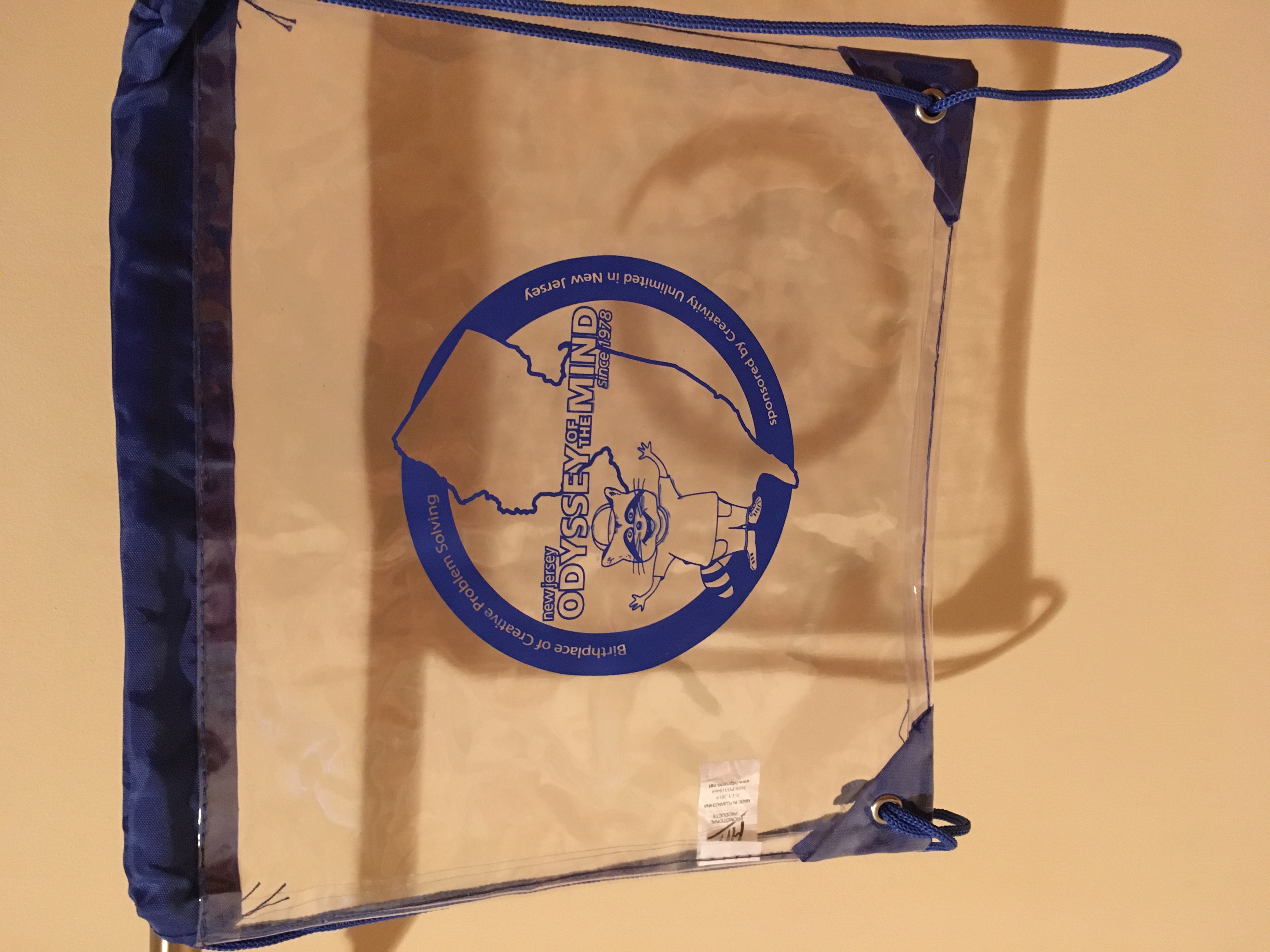 Clear plastic draw string bag with NJ Odyssey logo