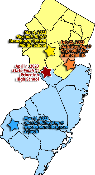 Image of New Jersey with tournament locations and dates