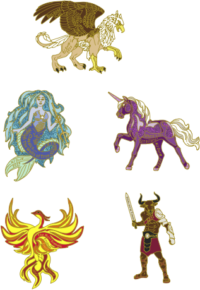 Mythical creatures, unicorn, minotaur, phoenix, mermaid, and gryffin