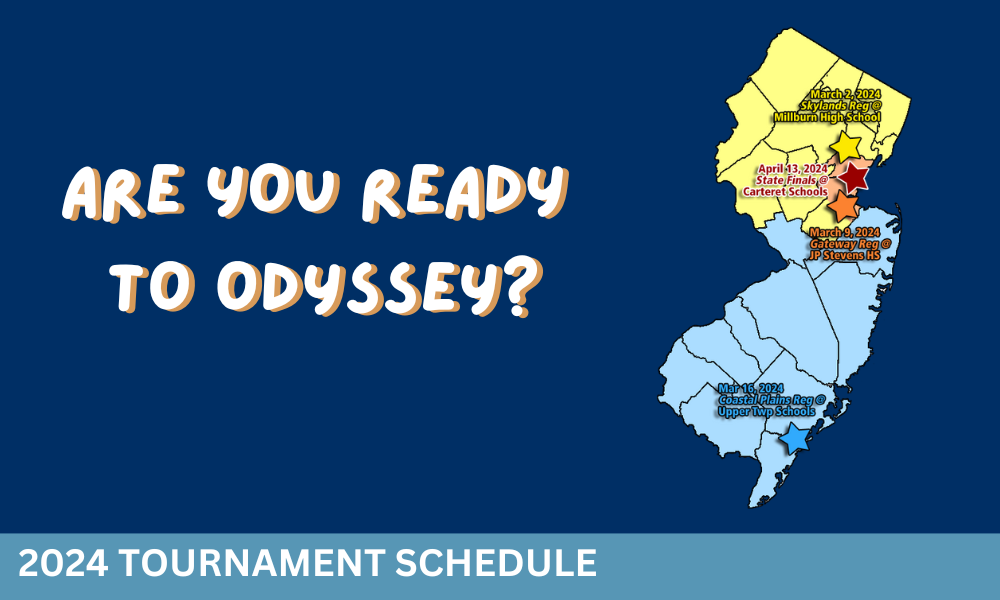 Are you ready to Odyssey? Shows a map of NJ with tournament sites and dates.