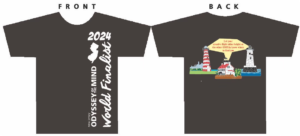 Black 2024 NJ Odyssey of the Mind World Finals t-shirt with three light houses. The shirt says "Let your creative light shine bright so other Omers know where to find you."