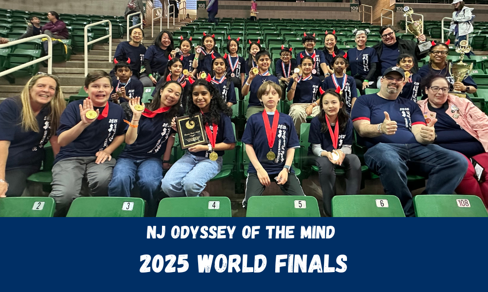 2025 NJ World Finals teams sitting in a stadium with bright green seats.