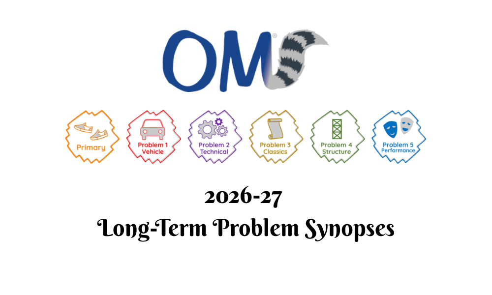 OM 2026-27 Long-Term Problem Synopses. The image contains the Odyssey of the Mind logo with a raccoon tail. There are also the logos for all 5 problems.